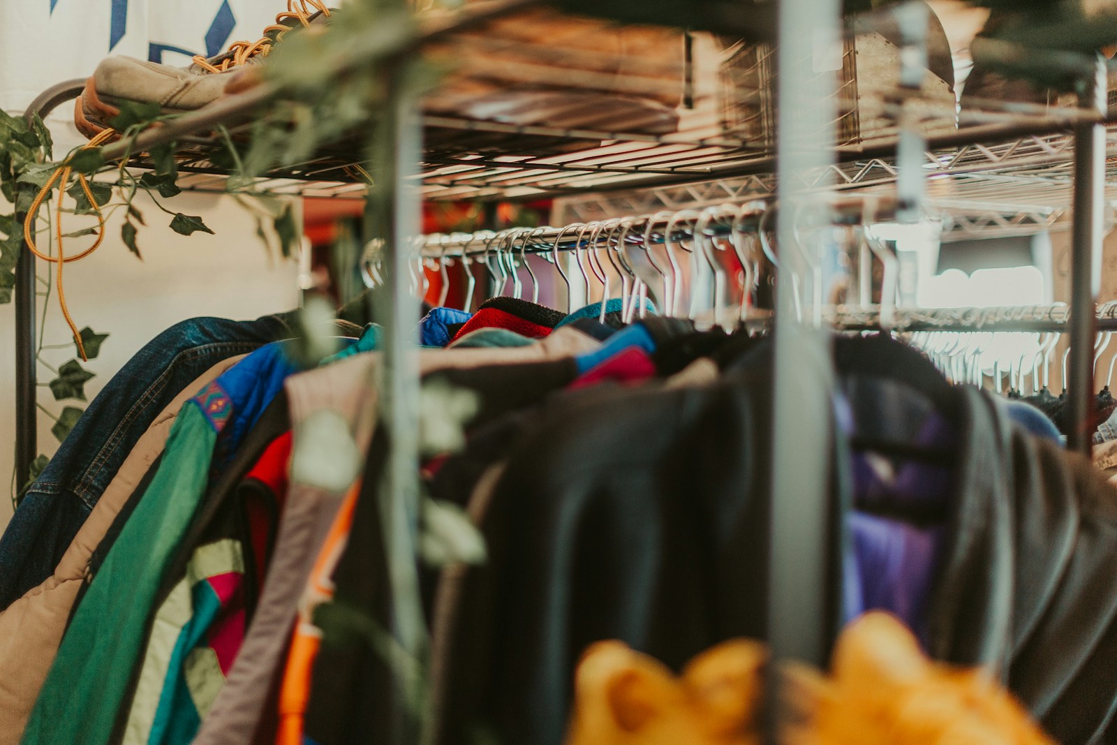 Green and neutral garments hanging in a shop